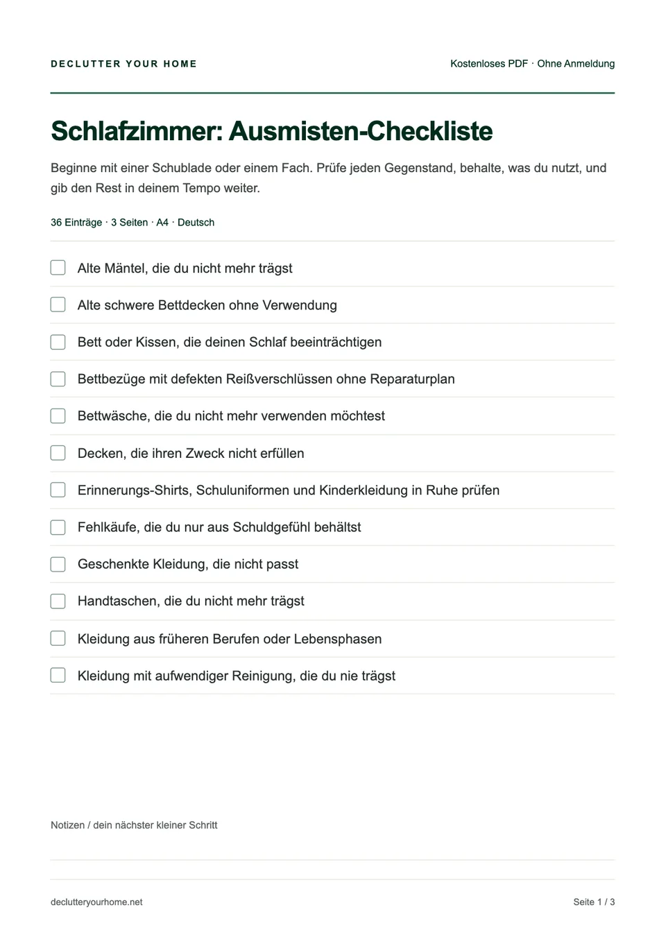 Vorschau der ersten Seite: Schlafzimmer Ausmisten-Checkliste