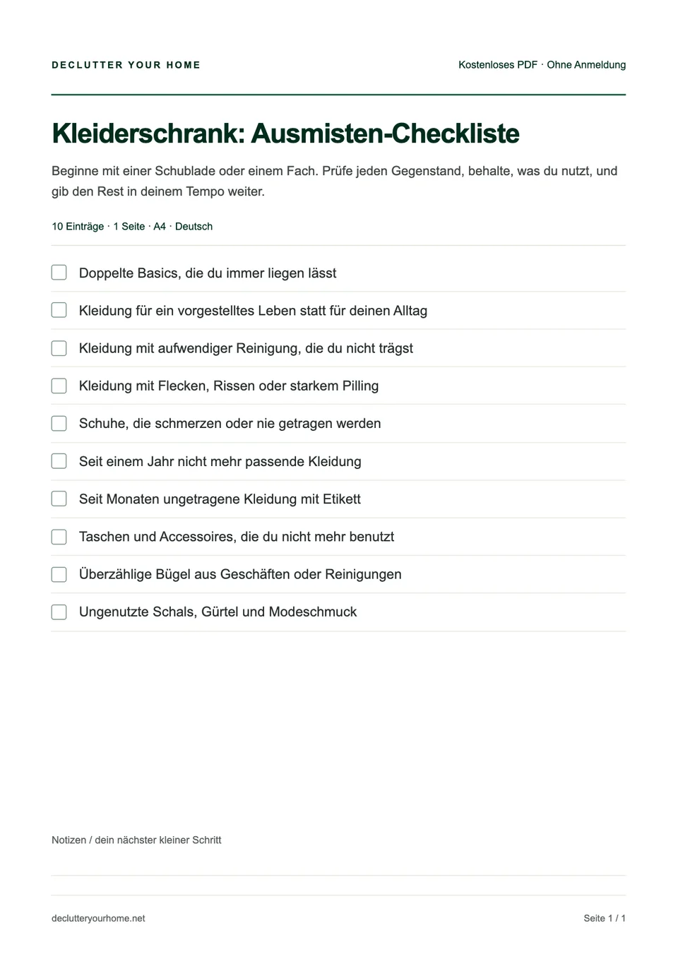 Vorschau der ersten Seite: Kleiderschrank Ausmisten-Checkliste