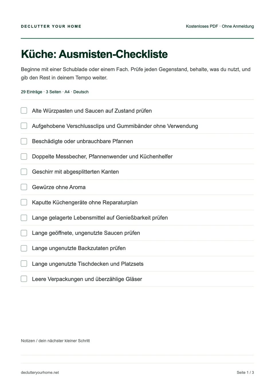 Vorschau der ersten Seite: Küche Ausmisten-Checkliste