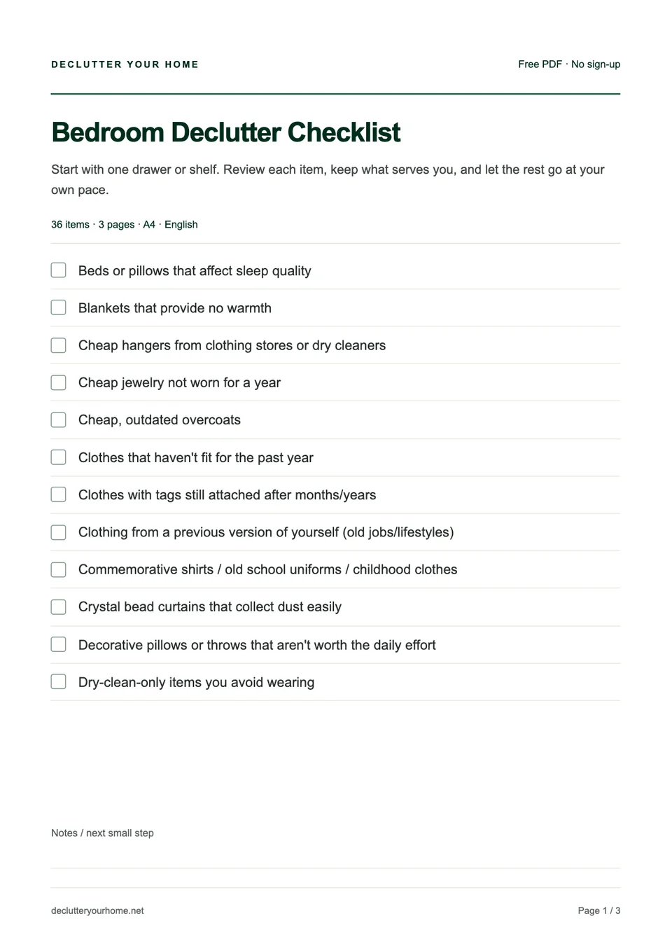 First-page preview of the Bedroom declutter checklist