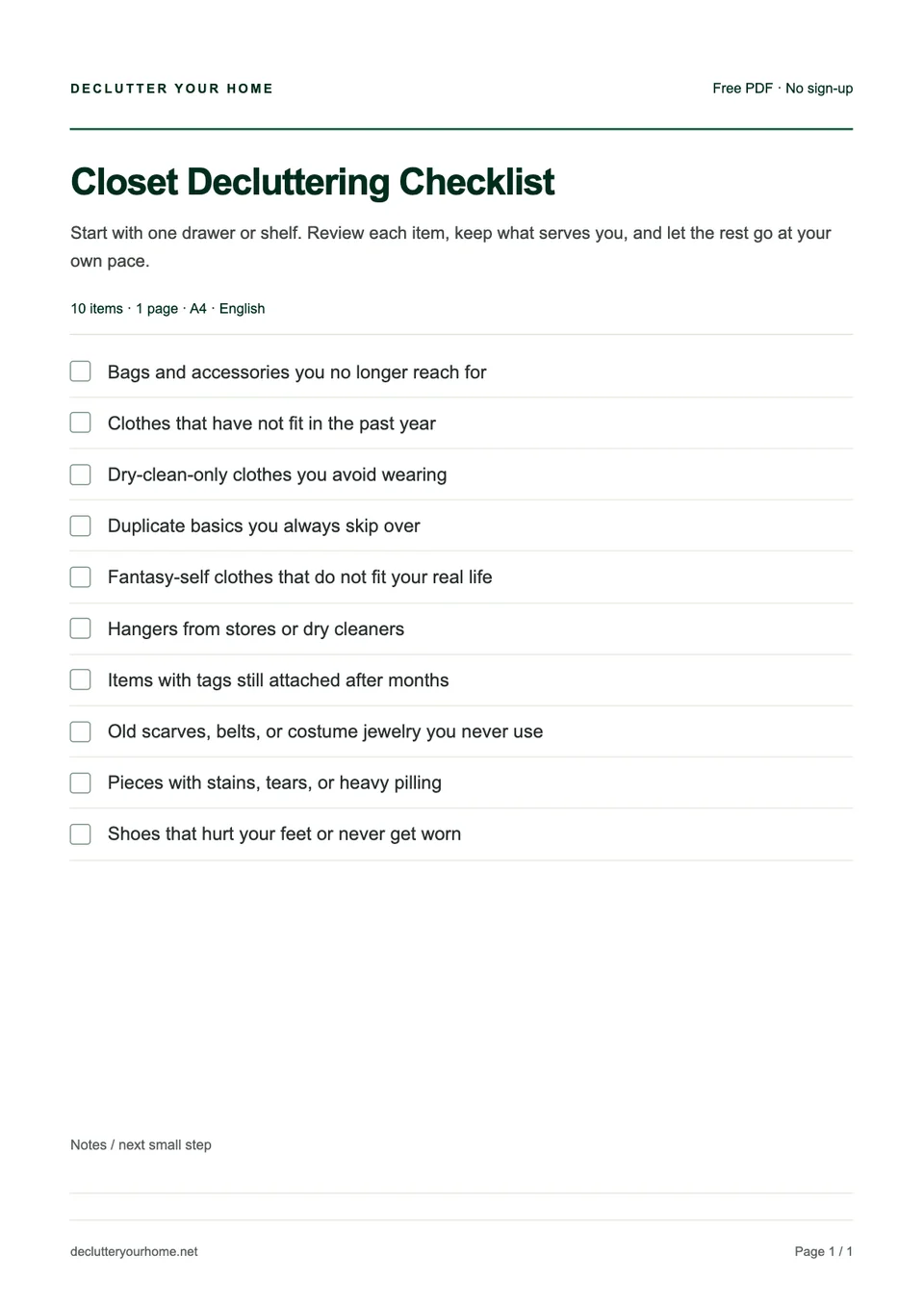 First-page preview of the Closets declutter checklist