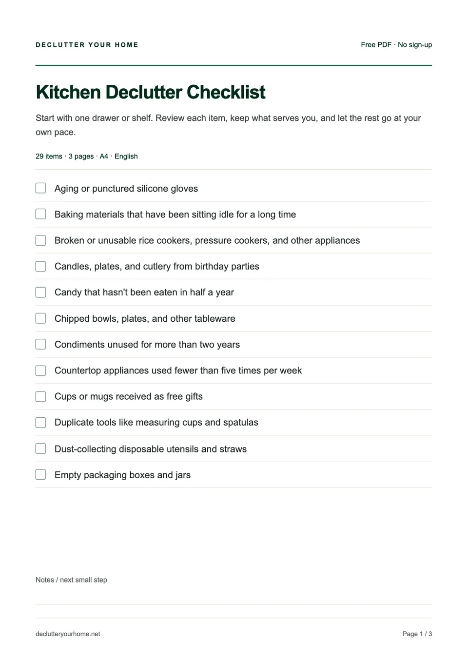 First-page preview of the Kitchen declutter checklist