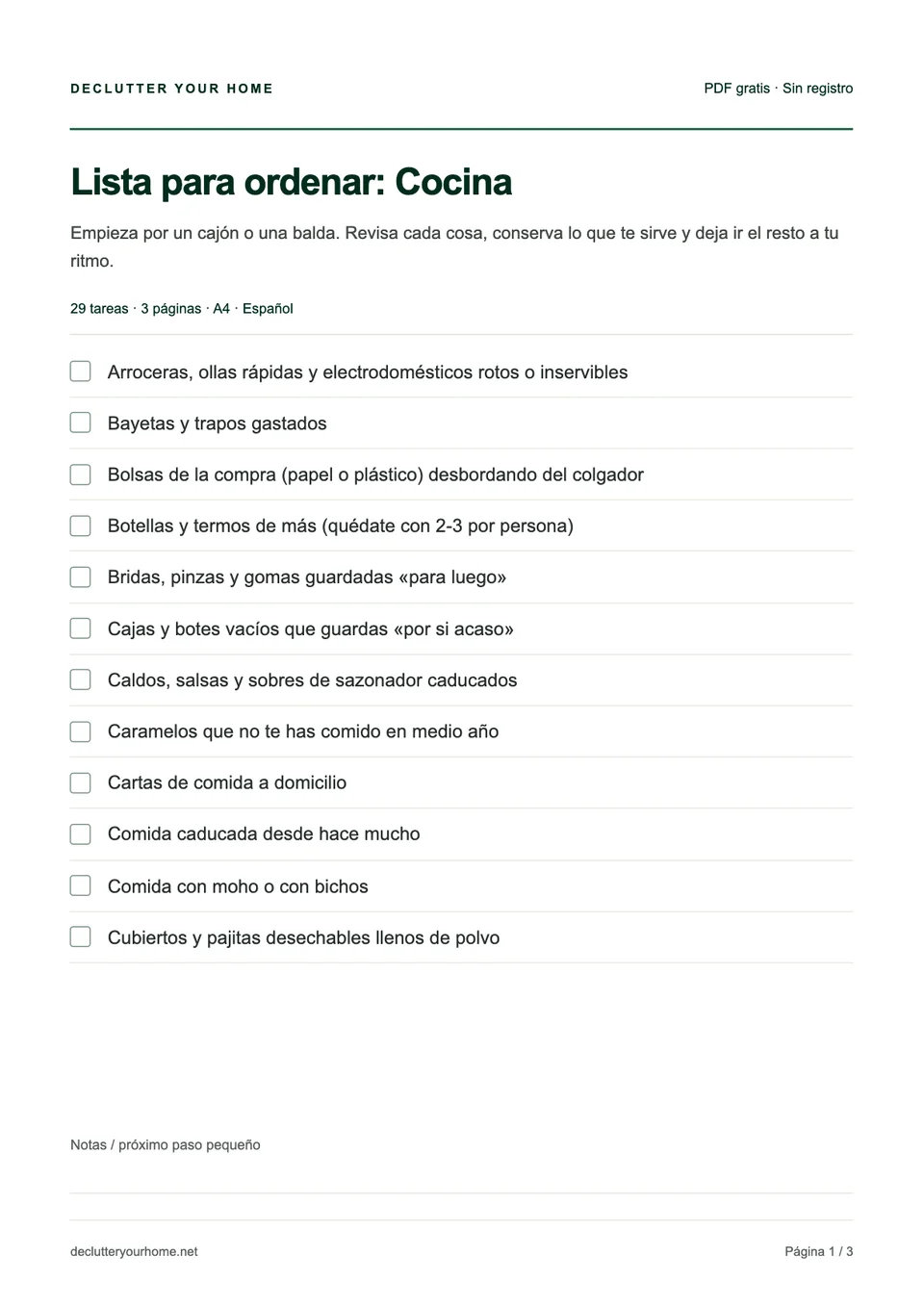 Vista previa de la primera página de la lista para ordenar: Cocina